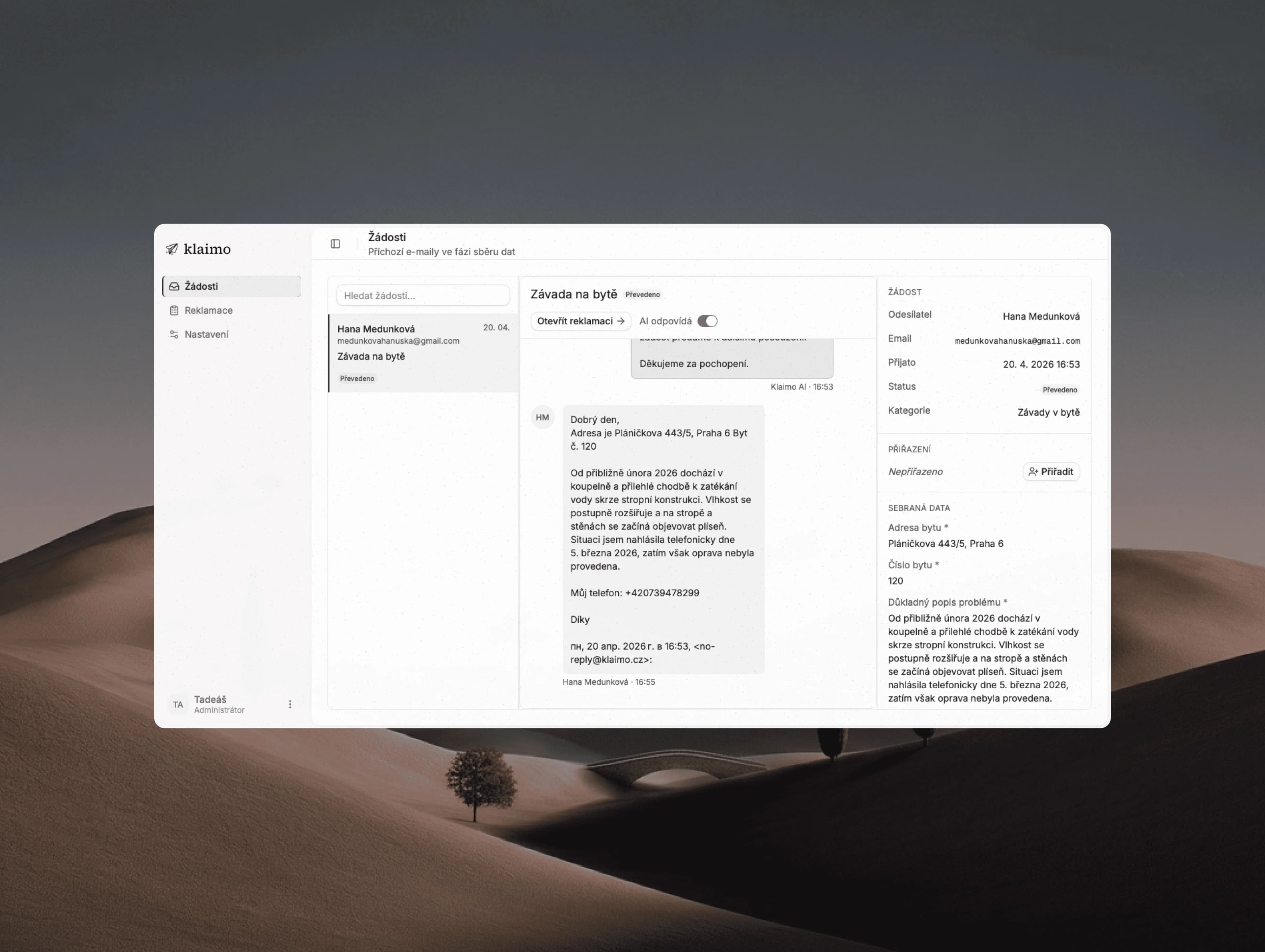 Náhled projektu Klaimo — AI agent pro správu a třídění reklamací